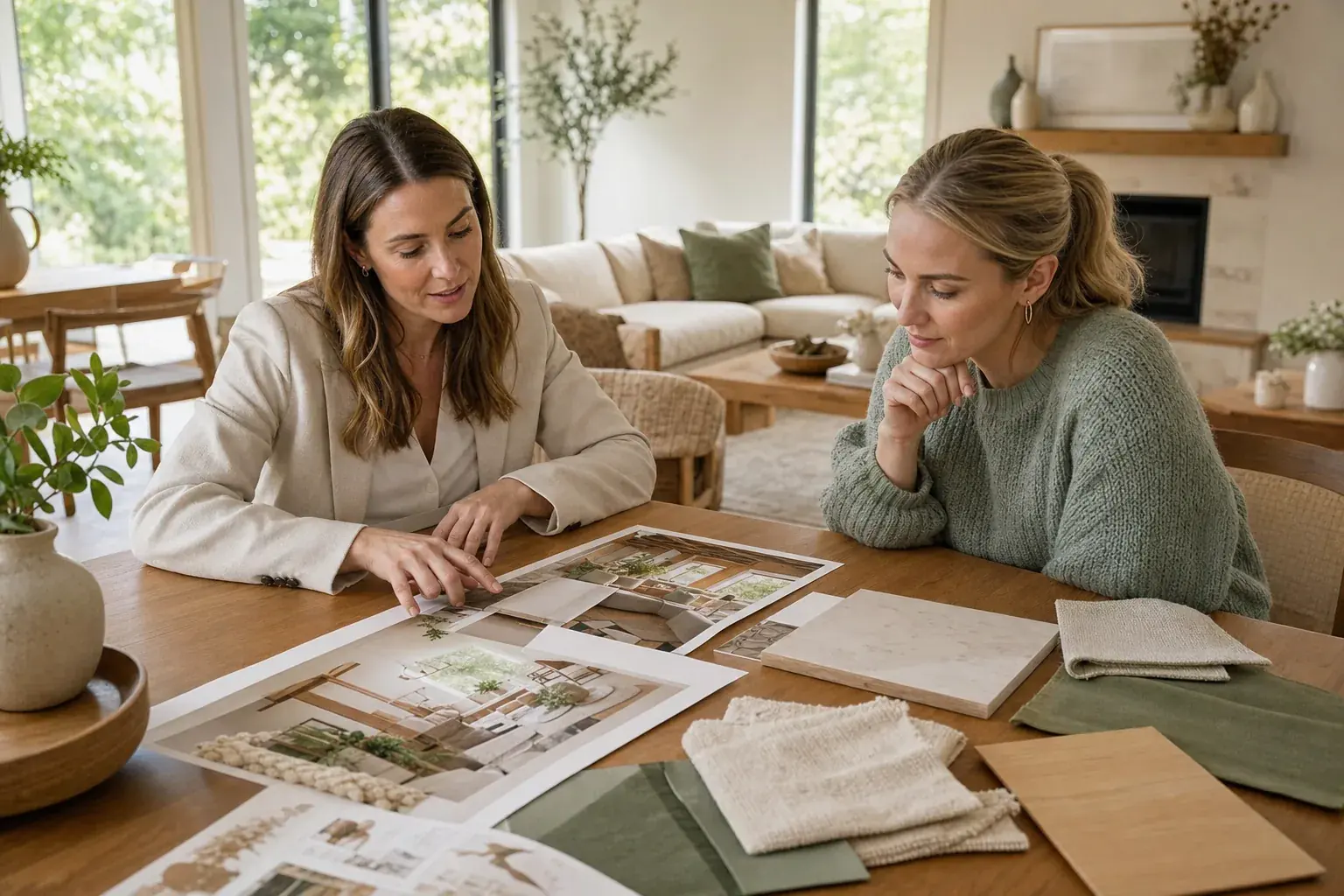 Homeowner and designer reviewing room concepts and material samples