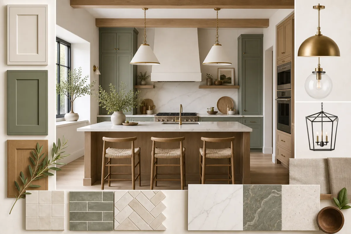 AI kitchen design app comparison with a green kitchen and cabinet, backsplash, countertop, and lighting samples