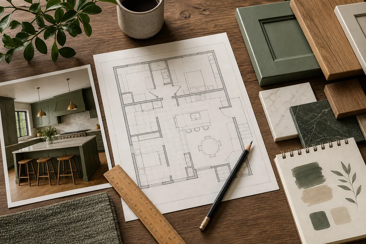 Kitchen photo, measured floor plan, cabinet samples, stone samples, and color swatches for choosing an AI kitchen workflow
