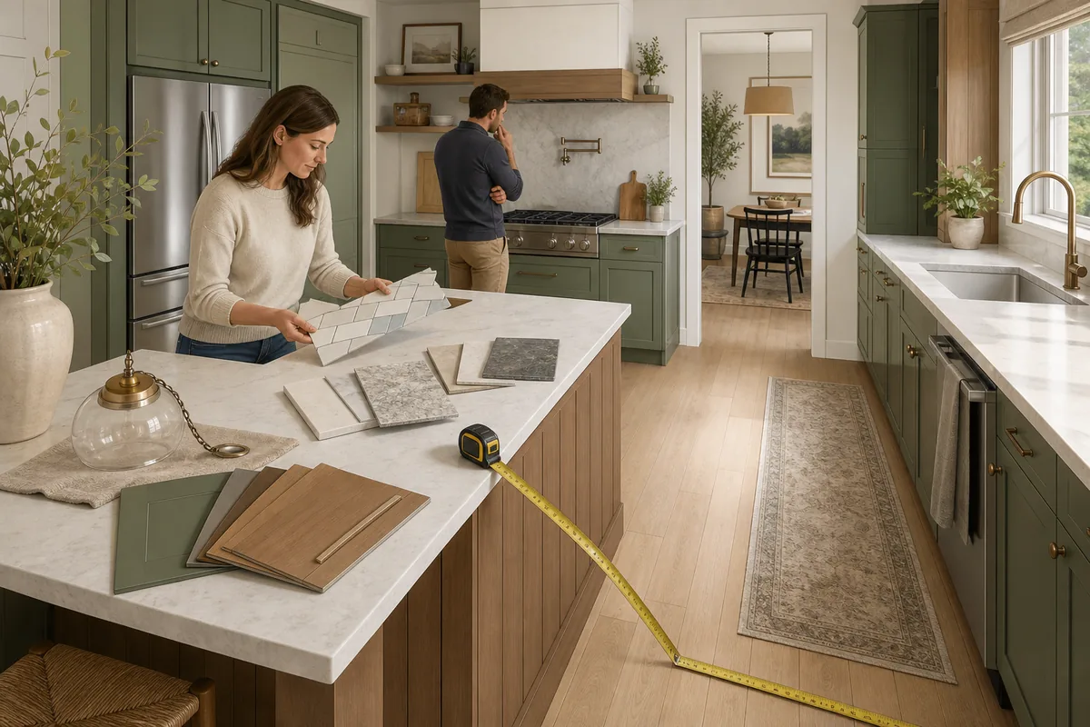 Homeowners checking kitchen measurements, cabinet finishes, countertop and backsplash samples