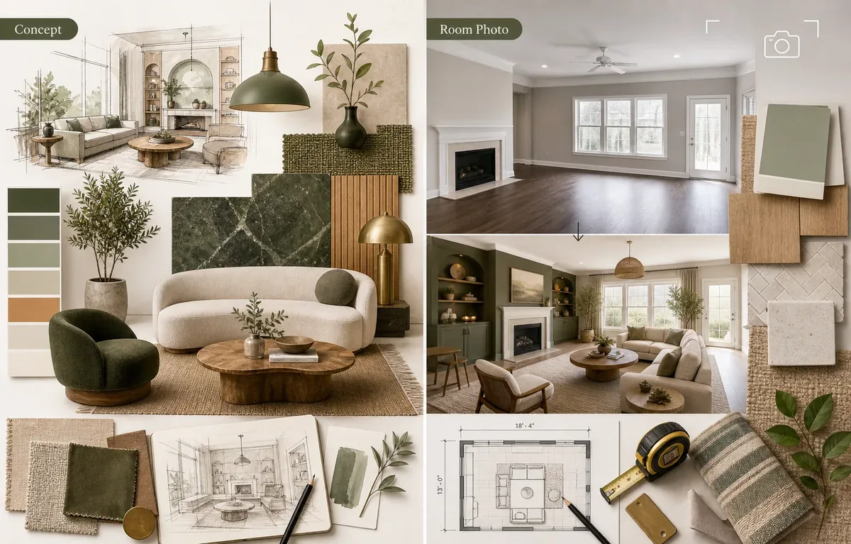 Comparison of Midjourney concept generation and photo-based AI room redesign workflow