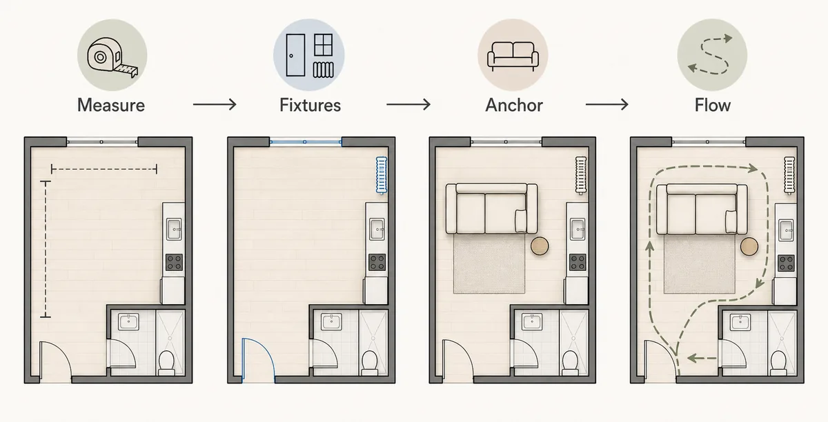 Four-step studio layout workflow showing measuring, fixtures, anchor furniture, and walking flow