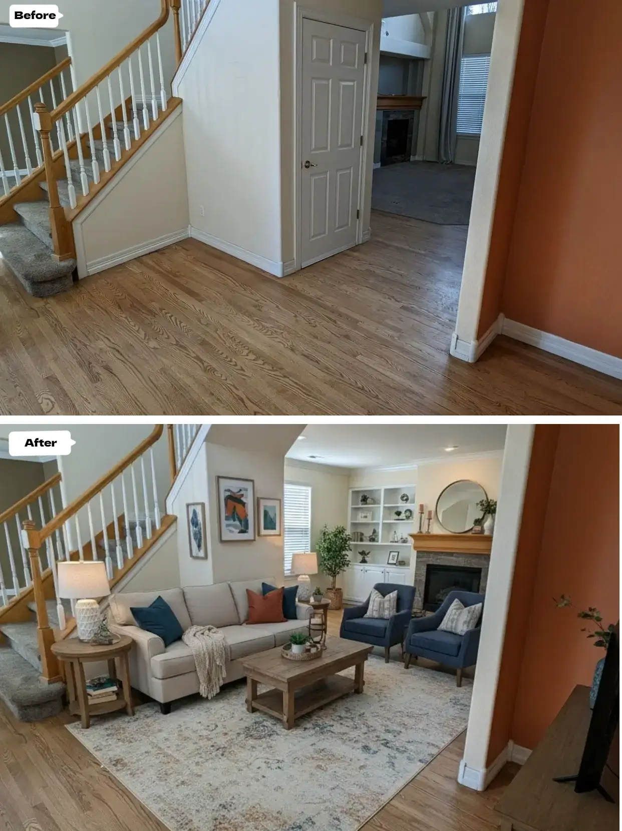 AI room design example showing staircase entry transformation